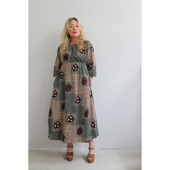 1980's Ankara Super Java African Print Midi Dice Dress // Women's XS to SM - Picture 8 of 9